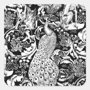 Pegatina Cuadrada Impresión de pavo real Art Nouveau, negro y blanco