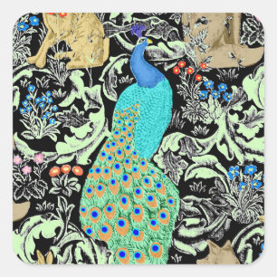 Pegatina Cuadrada Impresión de pavo real de estilo Art Nouveau, turq