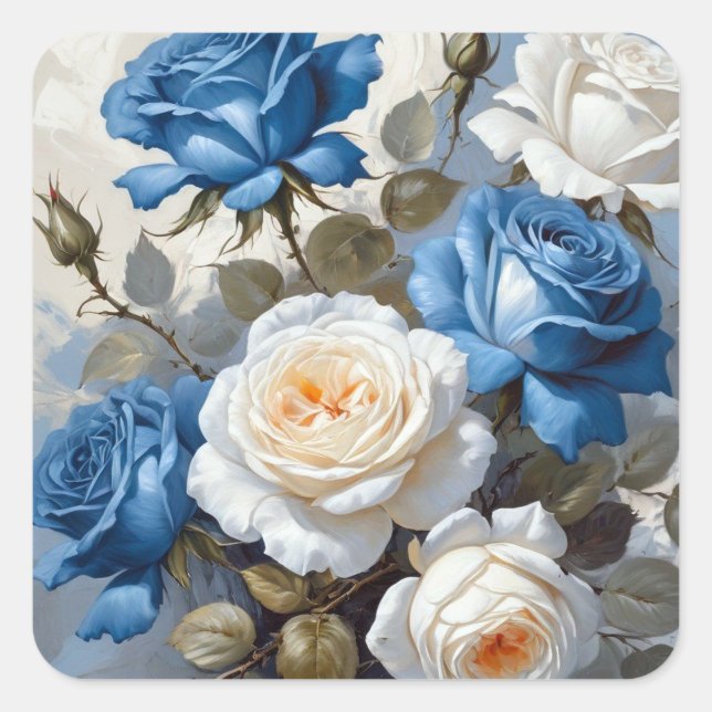Pegatina Cuadrada Impresión floral de rosas azules y blancas (Anverso)