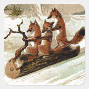 Pegatina Cuadrada Impresión vintage de Fox Sleigh Ride