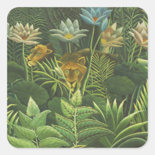 Pegatina Cuadrada Impresión vintage de león en jungla tropical de He