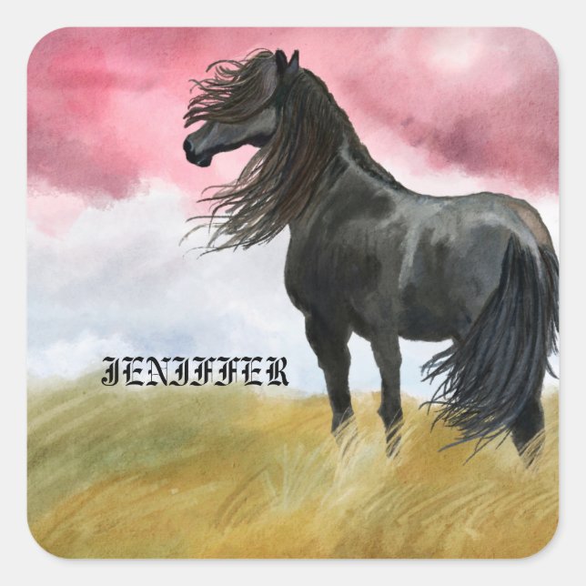 Pegatina Cuadrada Impresionante acuarela de caballo (Anverso)