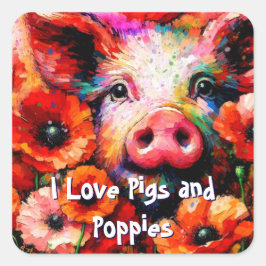 Pegatina Cuadrada Impresionante cerdo en flores de amapola roja