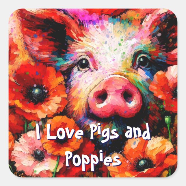 Pegatina Cuadrada Impresionante cerdo en flores de amapola roja (Anverso)