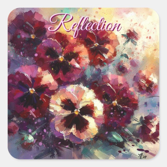Pegatina Cuadrada Impresionante pintura con flores de Maroon Pansies (Anverso)