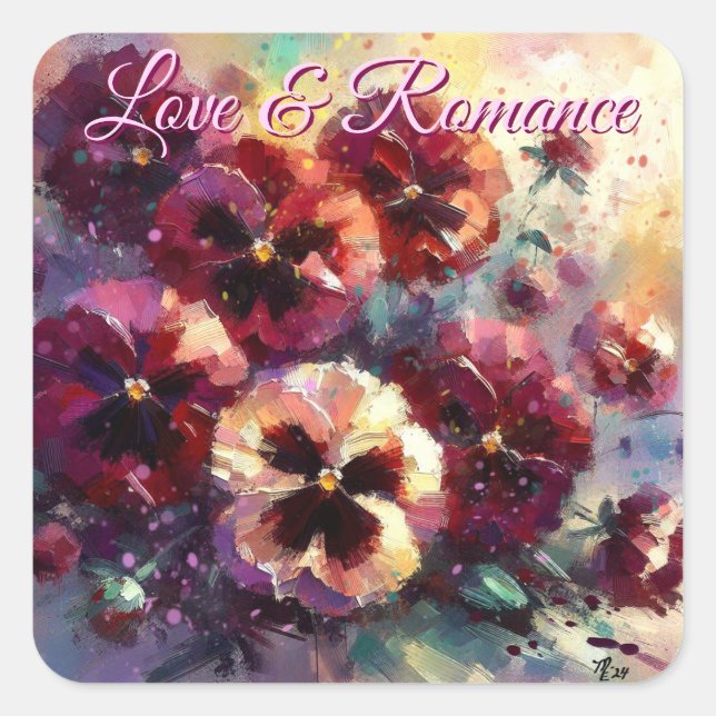 Pegatina Cuadrada Impresionante pintura con flores de Maroon Pansies (Anverso)