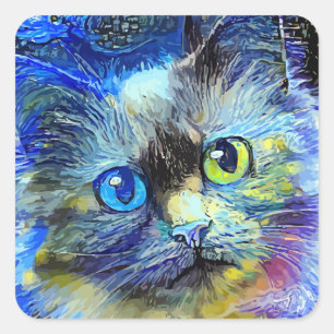Pegatina Cuadrada Impresionista de noche estrellada retrato de gato