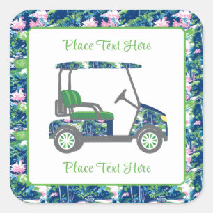 Pegatina Cuadrada Imprimir Carrito de Golf Preppy