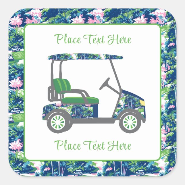 Pegatina Cuadrada Imprimir Carrito de Golf Preppy (Anverso)