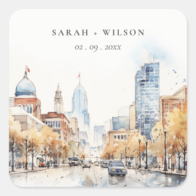 Pegatina Cuadrada Indianapolis, Indiana Watercolor Landscape Wedding (Anverso)