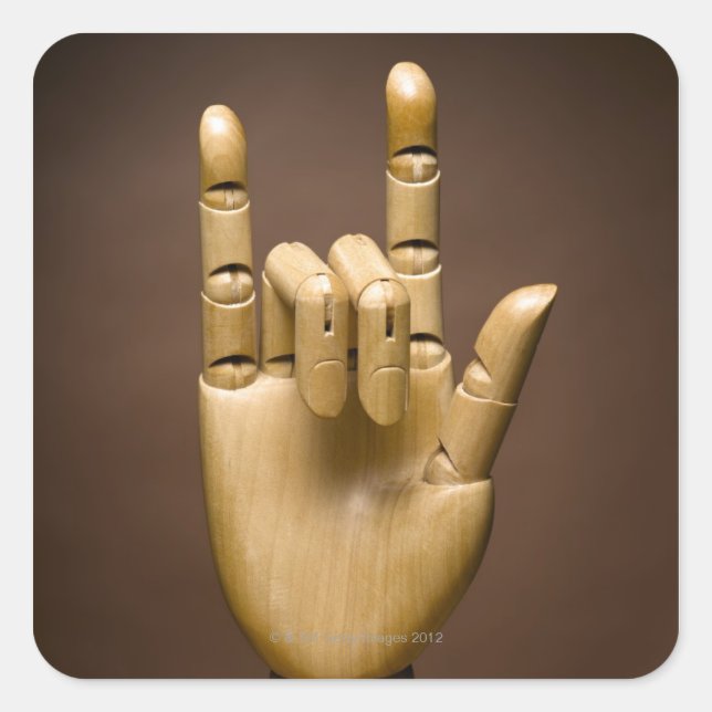 Pegatina Cuadrada Índice de mano de madera y dedo pequeño extendido, (Anverso)