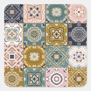 Pegatina Cuadrada Indio de Talavera: Patchwork, mosaico étnico.