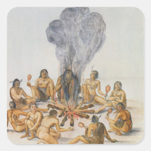 Pegatina Cuadrada Indios alrededor de un fuego