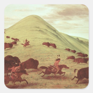 Pegatina Cuadrada Indios de Siux que cazan el búfalo, 1835 (aceite