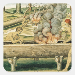 Pegatina Cuadrada Indios haciendo una canoa de Dugout