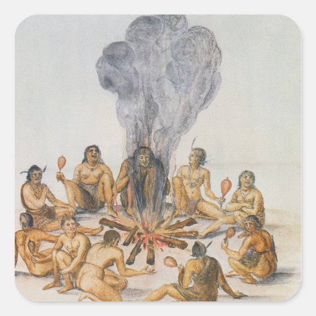 Pegatina Cuadrada Indios rodean un incendio (Anverso)