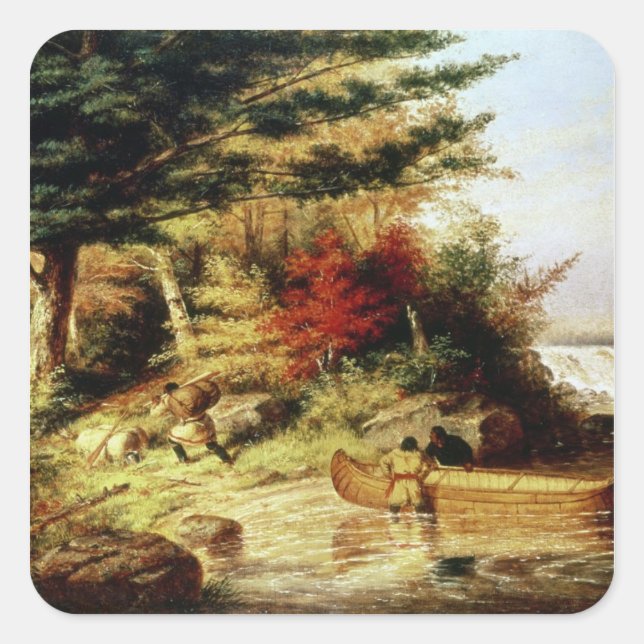 Pegatina Cuadrada Indios transportan pieles a través de Canadá (Anverso)