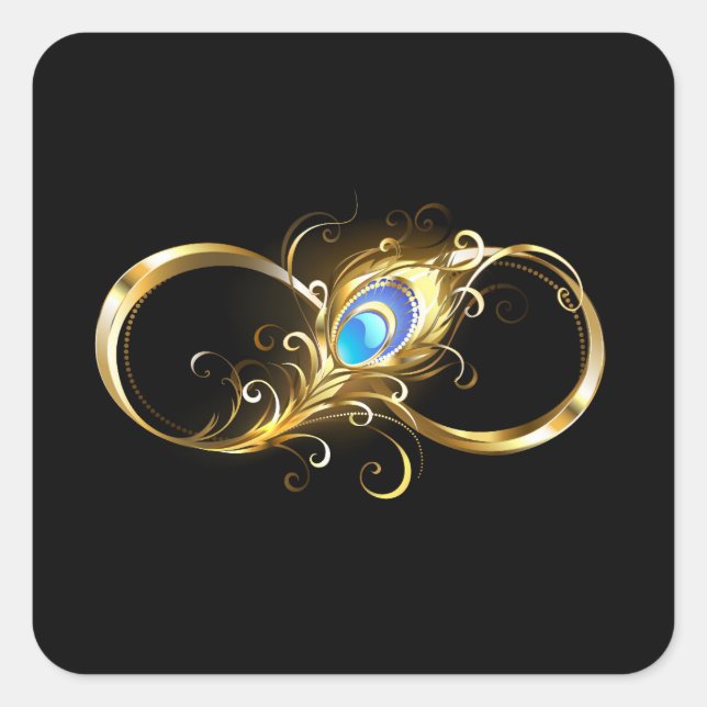 Pegatina Cuadrada Infinito con la pluma de pavo real dorado (Anverso)