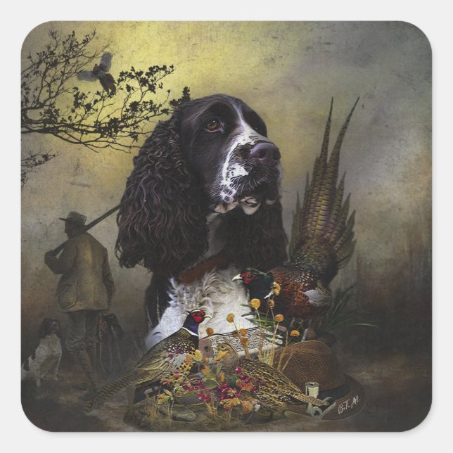 Pegatina Cuadrada Inglés Springer Spaniel con faisán (Anverso)