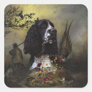Pegatina Cuadrada Inglés Springer Spaniel con faisán