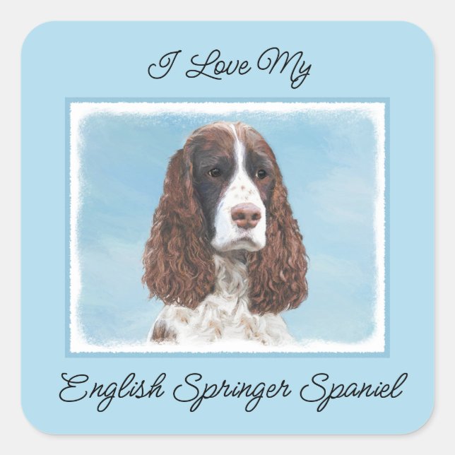 Pegatina Cuadrada Inglés Springer Spaniel Pintura Original Perro Art (Anverso)