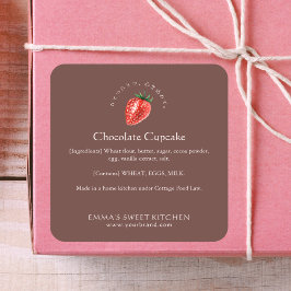 Pegatina Cuadrada Ingrediente de Panadería de Fresa Marrón Elegante