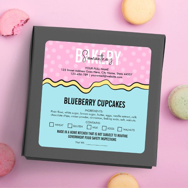 Pegatina Cuadrada Ingredientes de colores modernos y divertidos - Pa (Retro bakery cottage law stickers in pastel pink & blue with cartoon style design)