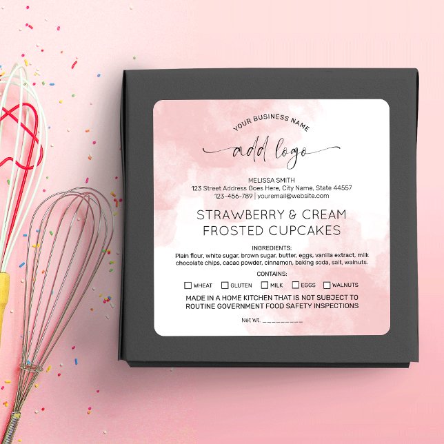 Pegatina Cuadrada Ingredientes de ley de artesanía de panadería Rubo (Feminine pink watercolor pastry chef dessert labels for your cookies, cupcakes or other treats)