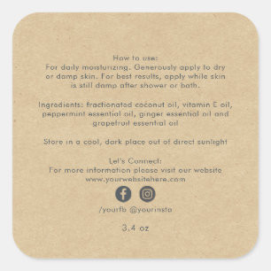 Pegatina Cuadrada Ingredientes de Productos de Belleza Orgánicos Kra