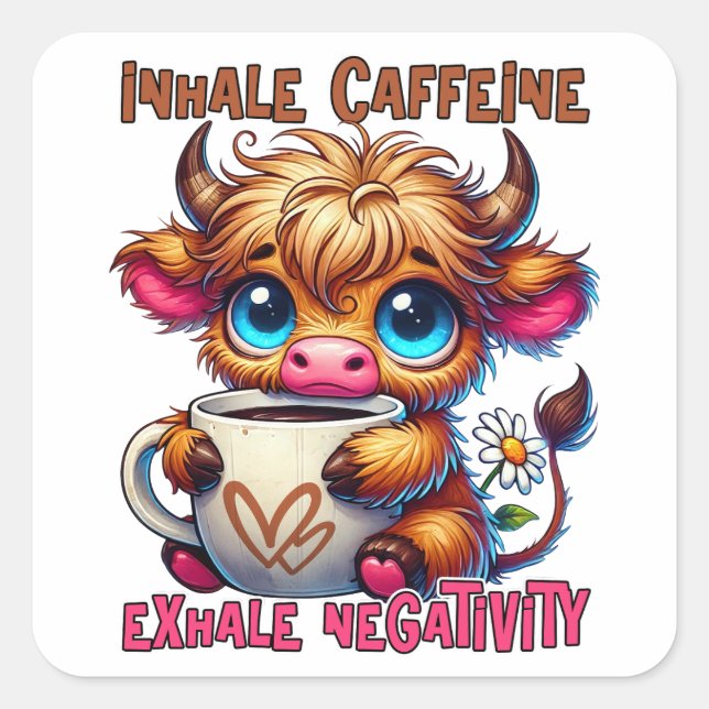 Pegatina Cuadrada Inhale Caffeine Exhale Negativity  (Anverso)