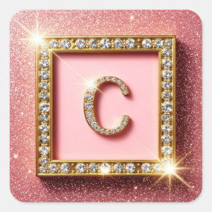 Pegatina Cuadrada Inicial C de Diamantes con Brillo Rosa en Marco de