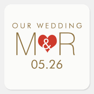 Pegatina Cuadrada iniciales con corazón de amor rojo, nuestro boda