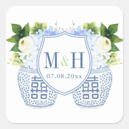 Pegatina Cuadrada Iniciales De La Chinoiserie Azul Y Blanco Y Boda D