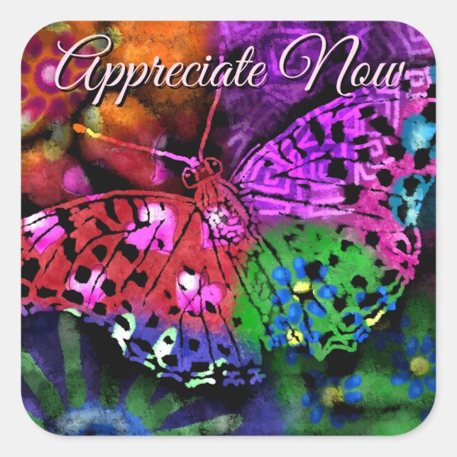 Pegatina Cuadrada Insectos de mariposa Resumen Naranja rosa verde mo (Anverso)