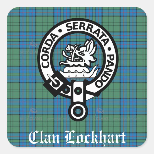 Pegatina Cuadrada Insignia del Escudo de Clan Lockhart y Tartán (Anverso)