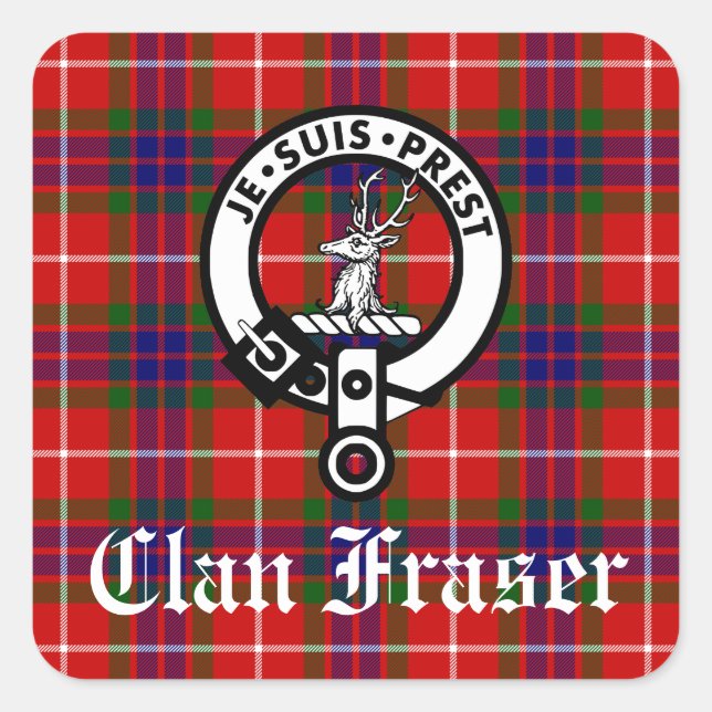 Pegatina Cuadrada Insignia Escudo de Clan Fraser y Tartán (Anverso)