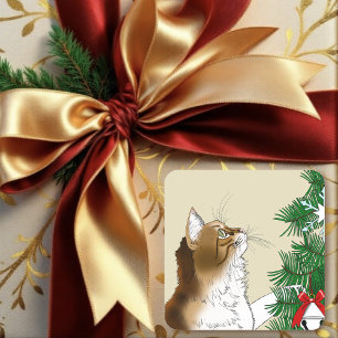 Pegatina Cuadrada Inspección del árbol de Navidad Gato Calico Divert