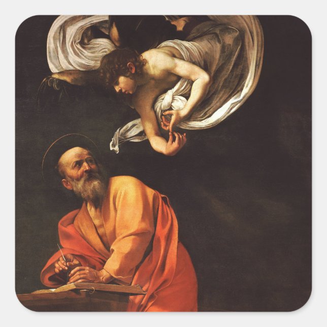Pegatina Cuadrada Inspiración San Mateo Caravaggio pintando arte (Anverso)