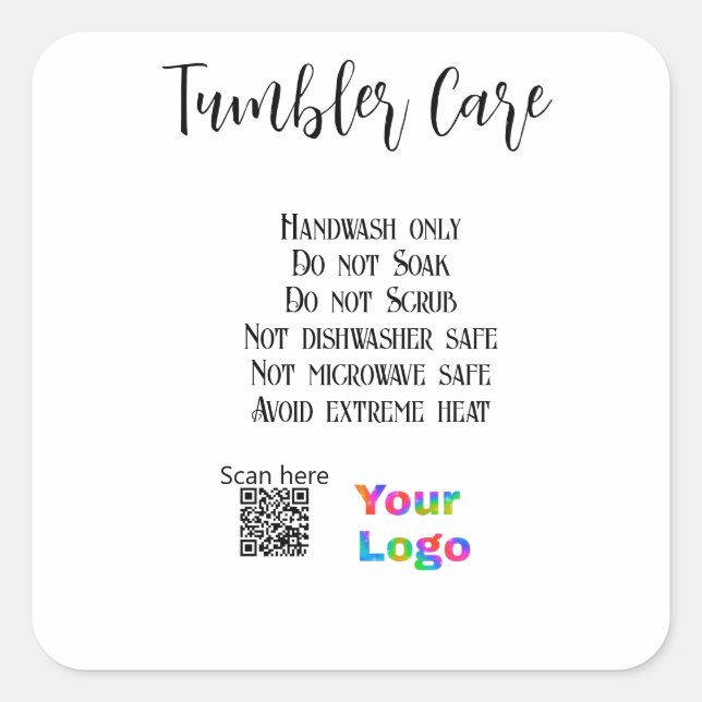 Pegatina Cuadrada Instrucciones de cuidado de Tumbler añaden logo de (Anverso)
