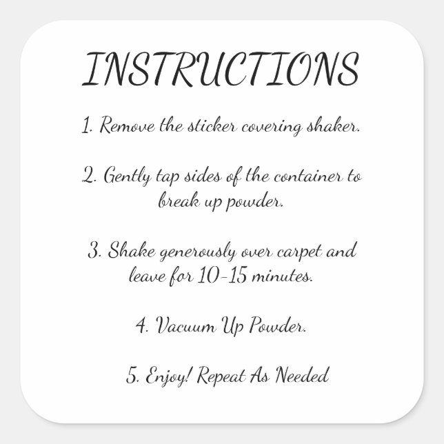 Pegatina Cuadrada Instrucciones para el desodorizador de alfombras (Anverso)