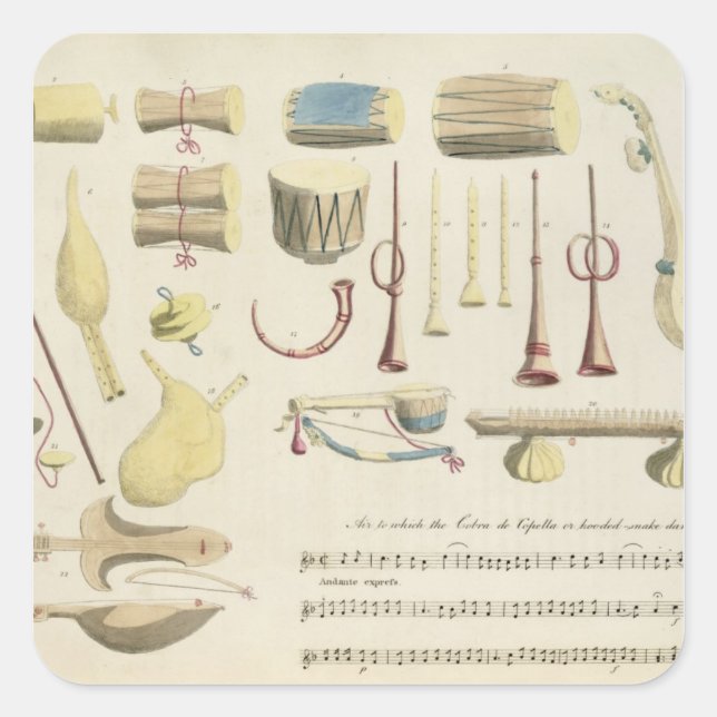 Pegatina Cuadrada Instrumentos musicales indios, placa 23 de 'Orient (Anverso)