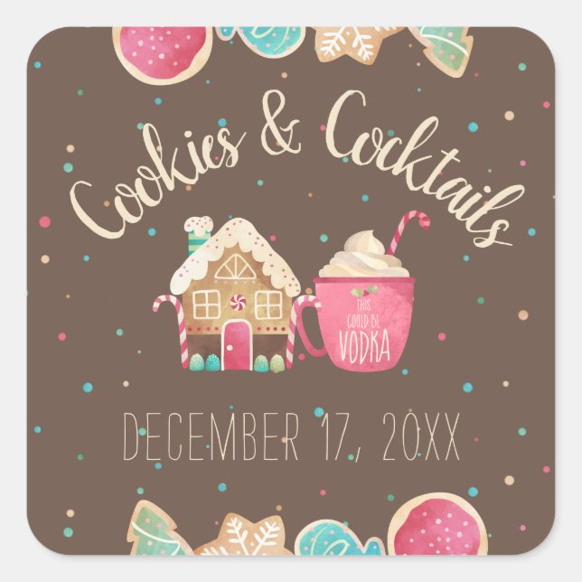 Pegatina Cuadrada Intercambio de Galletas Navideñas y Tema de Fiesta (Anverso)