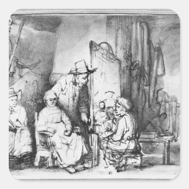 Pegatina Cuadrada Interior de estudio con pintura pintora (Anverso)