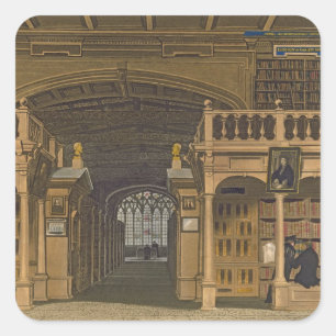 Pegatina Cuadrada Interior de la Biblioteca Bodleian, ilustracion de