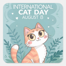 Pegatina Cuadrada International Cat Day Cute Whimsical Cat Art