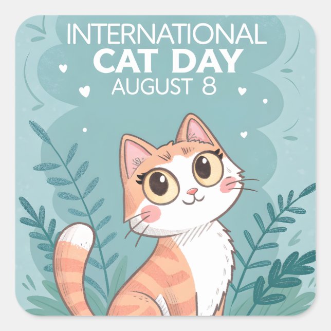 Pegatina Cuadrada International Cat Day Cute Whimsical Cat Art (Anverso)