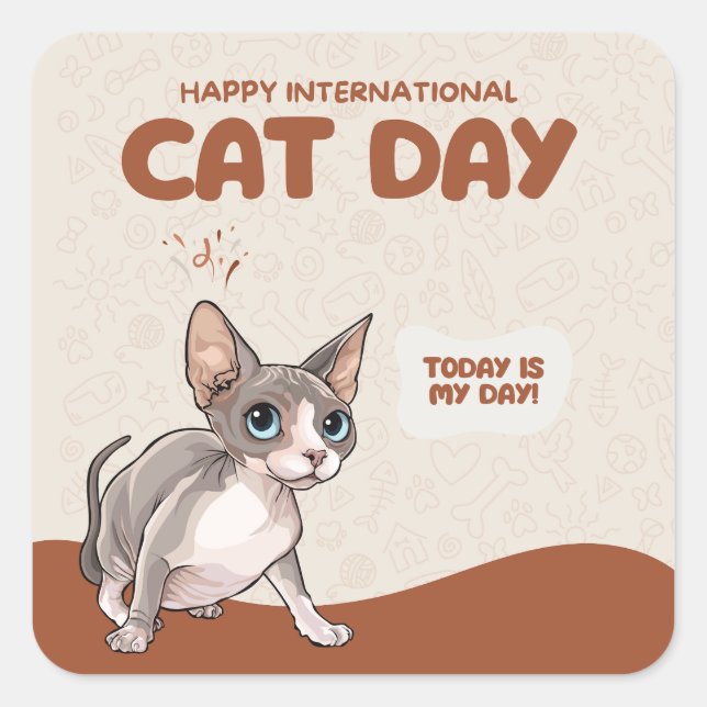 Pegatina Cuadrada International Cat Day Sphynx Celebration Art (Anverso)