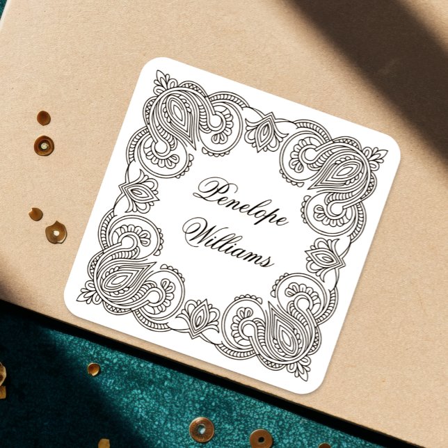 Pegatina Cuadrada Intricate Paisley Personalized Name Labels Custom (Subido por el creador)