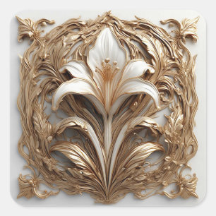 Pegatina Cuadrada Intrincado Relieve Floral Dorado Embellished