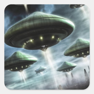 Pegatina Cuadrada Invasión de Saucer Volador